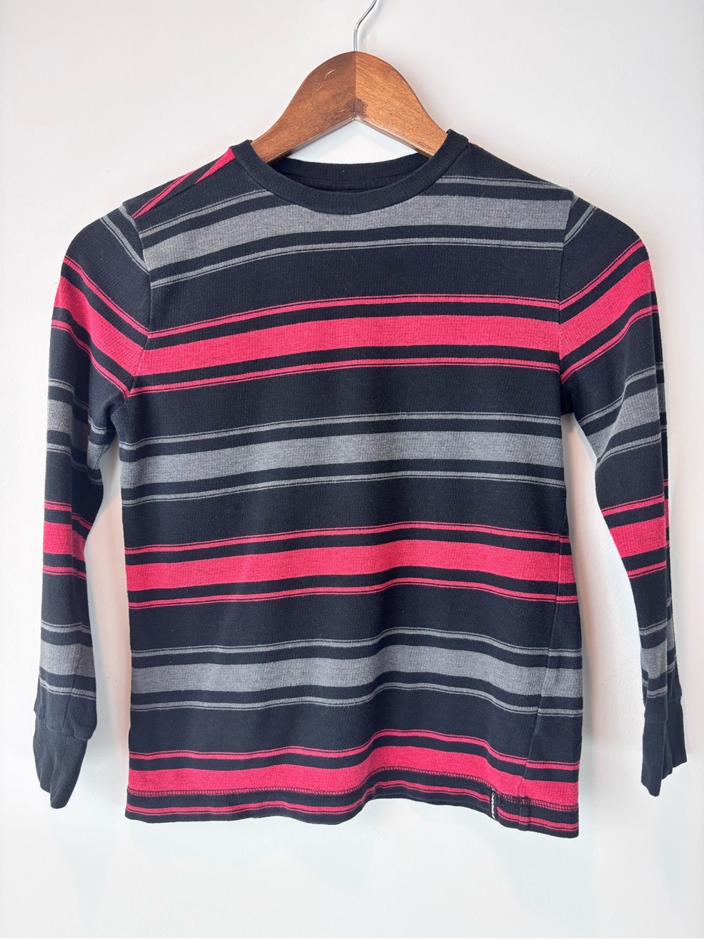 Hawk Boys Small Long Sleeve Striped Shirt Navy Red Gray